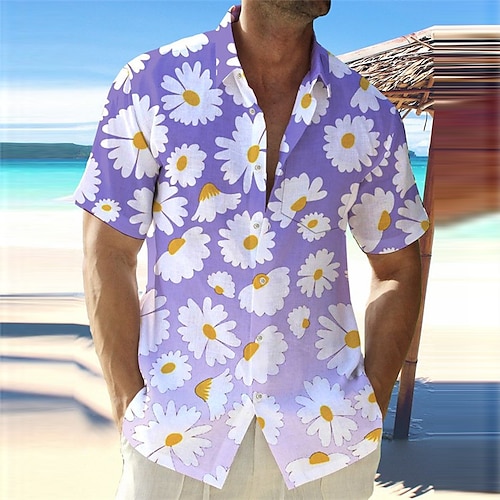 

Men's Shirt Linen Shirt Floral Lemon Daisy Graphic Prints Turndown Purple Green Outdoor Street Short Sleeves Print Clothing Apparel Linen Fashion Designer Casual Soft