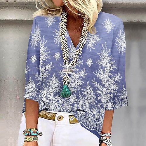 

Mujer Camisa Blusa Rosa Azul Piscina Verde Trébol Floral Estampado Manga 3/4 Casual Festivos Básico Escote en Pico Regular Flor S
