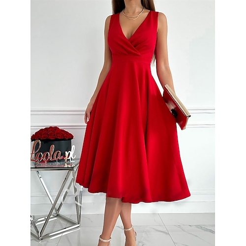 

Women's Party Dress Homecoming Dress Cocktail Dress Midi Dress Light Pink Black Red Sleeveless Pure Color Ruched Summer Spring V Neck Fashion Birthday Wedding Guest Vacation 2023 S M L XL