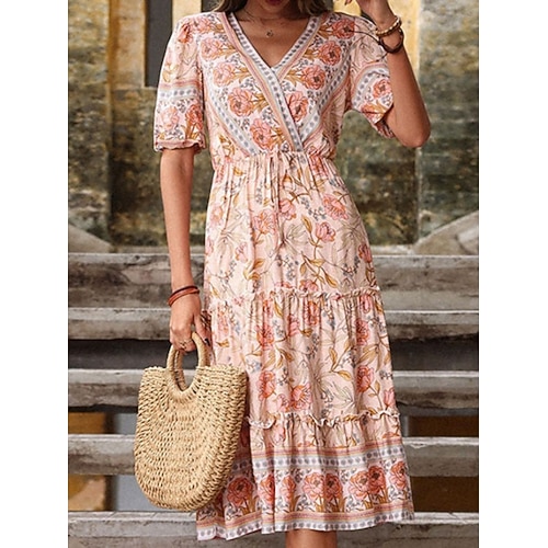 

Damen Lässiges Kleid Schaukelkleid Blumenkleid Blumen Rüschen Bedruckt V Ausschnitt Midikleid Aktiv Modisch Outdoor Täglich Kurzarm Regular Fit Hellrosa Sommer Frühling S M L XL XXL