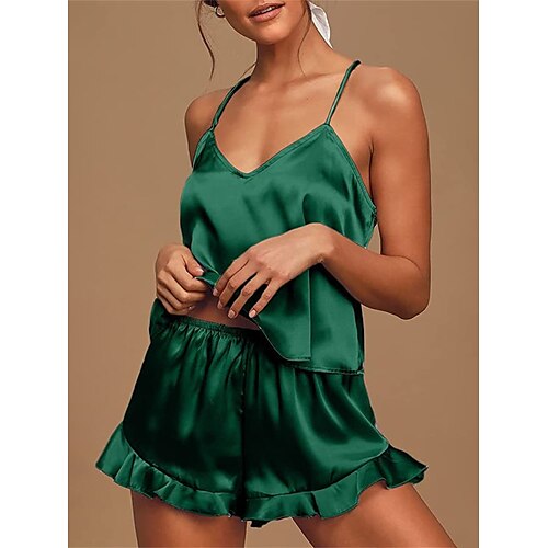 

Dame Pyjamas Sexet lingeri Pyjamas top og bukser Sæt Ren farve Mode Enkel Blødt Hjem Daglig Seng Polyester Åndbart Remme Uden ærmer Strop Top Shorts Elastisk Talje Sommer Forår Sølv Sort