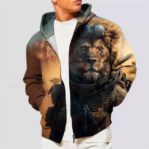 

Homens Full Zip Hoodie Jaqueta Marron Café Cinzento Com Capuz Animal Leão Estampas Abstratas Zíper Imprimir Desportos e Ar livre Diário Esportes Impressão 3D Roupa de rua Designer Casual Primavera