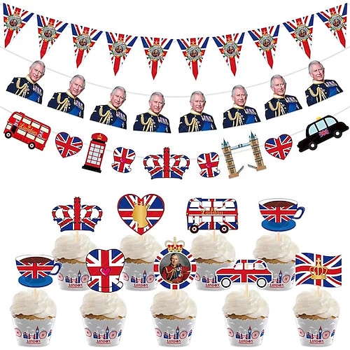 

kroningen av kong charles iii av england britenes flagg feiringen av festens dekorasjon flagget trekker kake og plassering av kort