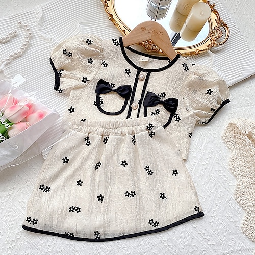 

2 Dele Baby Pige Blomstret Skrit & Cardigan Sæt Kortærmet Aktiv udendørs 3-7 år Sommer Beige