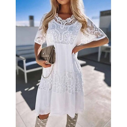 

Per donna Abito in cotone e lino Abito casual Vestito longuette Misto cotone Moderno Informale Esterno Giornaliero Da mare Girocollo Pizzo Manica corta Estate Primavera 2023 Morbido Bianco Liscio S M