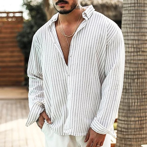 

Per uomo camicia di lino Camicia Camicia estiva Camicia da spiaggia Bianco Manica lunga A strisce Bavero Primavera estate Hawaiano Per eventi Abbigliamento Stampa