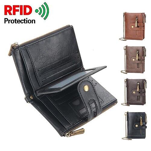 

billetera plegable para hombre billeteras de cuero genuino titular de la tarjeta de bloqueo rfid con cadena antirrobo monedero minimalista bolsillo con cremallera monedero con ventana de