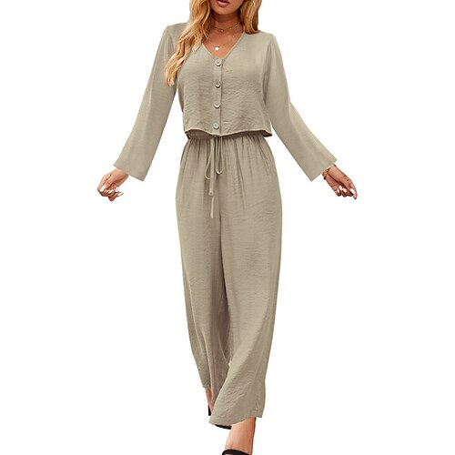 

Dame Loungewear Sæt Ren farve Mode Afslappet Blødt Hjem Daglig Ferierejse Bomuld Åndbart V-strop Langærmet Bukse Knap Sommer Forår Vin militærgrøn