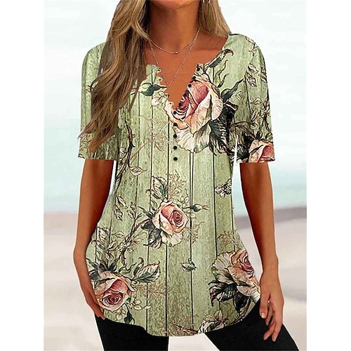 

Women's T shirt Tee Black Purple Green Floral Button Print Short Sleeve Holiday Tunic Basic Round Neck Regular Floral S