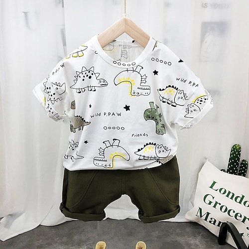 

2 Dele Børn Drenge T-shirt & Shorts Outfit Dinosaurus Kortærmet Sæt Afslappet Mode Daglig Sommer Forår 3-7 år Hvid