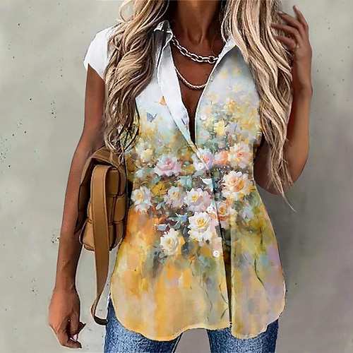 

Mulheres Camisa Social Blusa Amarelo Rosa Azul Floral Botão Imprimir Manga Longa Casual Feriado Básico Colarinho de Camisa Padrão Tema Flores S