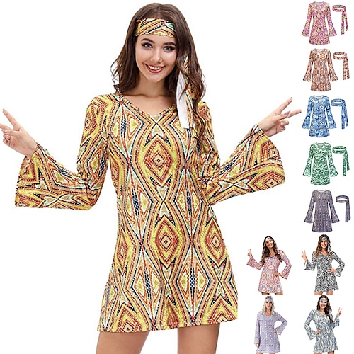 

Hippie Retro Vintage Hippie 1970s Disco Dress Headpiece Women's Costume Vintage Cosplay Party & Evening Dress Masquerade