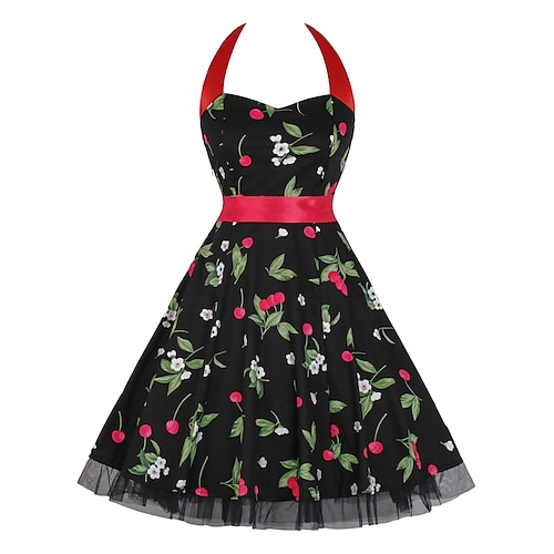 

Dame Retro Rød 1950-tallet Vintage kjole Midikjole Fest Daglig Netting Med belte Blomstret Grime Ermeløs Tynn 2023 Svart Hvit S M L XL