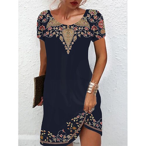 

Women's Shift Dress Mid-Length Short Sleeve Floral Fake Two-Piece Set 2023 Spring And Summer Crewneck Casual Weekend