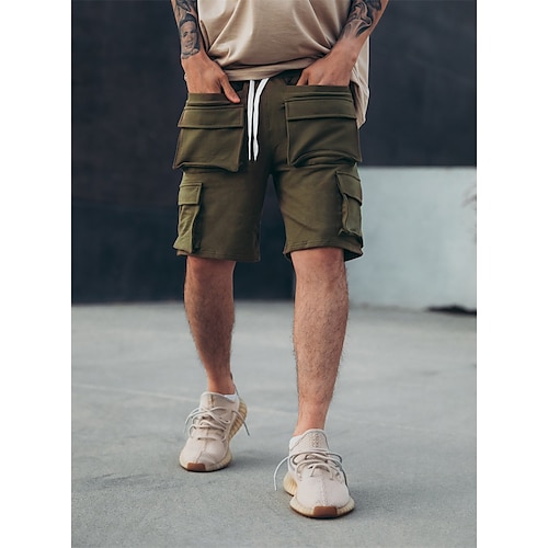 

Per uomo Pantaloncini modello cargo A cordoncino Vita elastica Multi tasca Liscio Comfort Indossabile Lunghezza del ginocchio Informale Giornaliero Per eventi Misto cotone Sportivo Di tendenza Nero