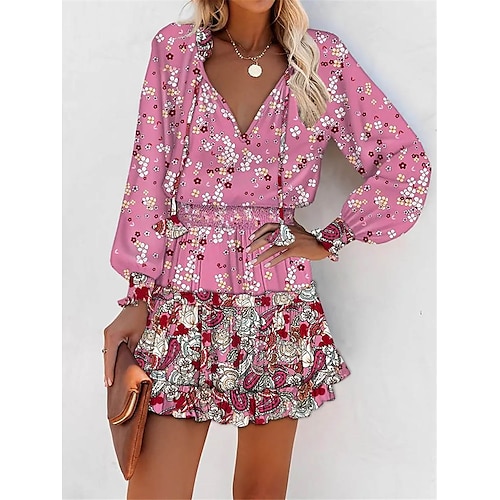 

Per donna Vestito casual Abito linea A vestito a flori Floreale Con balze Collage A V Mini abito Di tendenza Moderno Esterno Giornaliero Manica lunga Standard Rosa Estate Primavera S M L XL XXL
