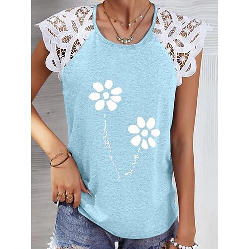 

Mujer Camiseta sin mangas Bleu Ciel Negro Verde Claro Floral Encaje Estampado Sin Mangas Casual Festivos Básico Escote Redondo Regular Flor S