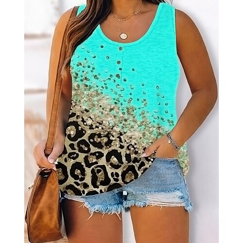 

Women's Tank Top Blue Leopard Print Sleeveless Casual Basic U Neck Regular S