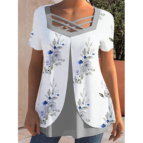 

Mulheres Camisa Social Blusa Branco Floral Imprimir Manga Curta Casual Feriado Básico Decote Quadrado Padrão Tema Flores S