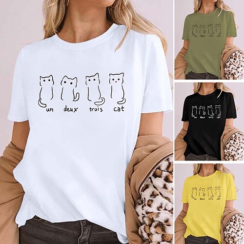 

Women's T shirt Tee 100% Cotton Black White Yellow Cat Print Short Sleeve Casual Weekend Basic Round Neck Regular Cotton Cat Animal Painting S