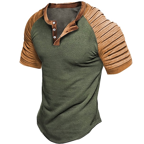 

Men's Henley Shirt Raglan T Shirt Color Block Slim Pleated Henley 3D Print Outdoor Casual Short Sleeve Pleated Sleeve Ruched Patchwork Clothing Apparel Fashion Designer Comfortable