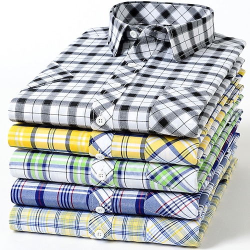

Men's Dress Shirt Light Yellow Black White Short Sleeve Plaid / Striped / Chevron / Round Shirt Collar Spring Summer Daily Wear Date Clothing Apparel