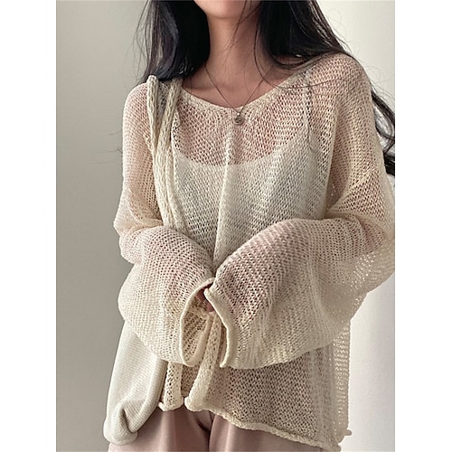 

Damen Pullover Strickwaren Gerippt Stricken Ausgehöhlt Feste Farbe Rundhalsausschnitt Stilvoll Brautkleider schlicht Outdoor Täglich Sommer Frühling Hellgrün Beige Leicht Blau Einheitsgröße