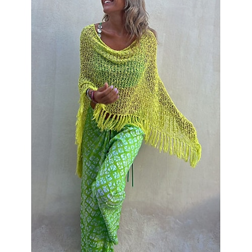 

Mujer Poncho suéter Puente Croché Tejer Borlas Agujero Color sólido Cuello Barco Elegante Casual Exterior Diario Manga Murciélago Verano Primavera Amarillo Rojo S M L