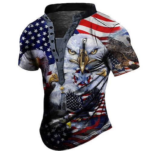 

Herre Henley-skjorte T-shirt Grafisk Ørn Nationalflag Høj krave Tøj 3D-udskrivning udendørs Daglig Kortærmet Forside Lynlås Trykt mønster Mode Designer Afslappet