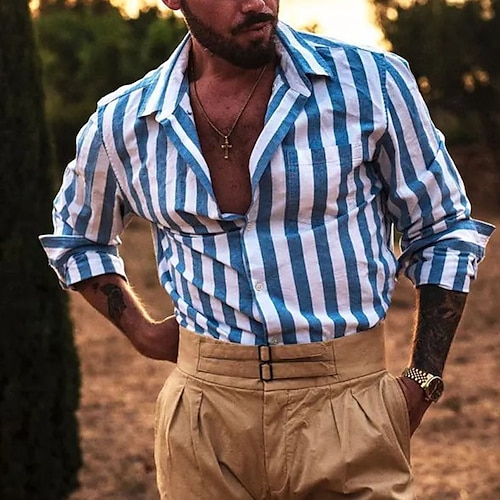 

Per uomo Camicia Camicia con bottoni Camicia estiva Maglietta informale Blu Manica lunga Strisce Bavero Giornaliero Da mare Tasca frontale Abbigliamento Di tendenza Informale Comodo