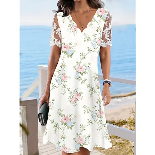 

Women's Floral Lace Print Scalloped Neck Lace Sleeve Midi Dress Daily Vacation Short Sleeve Summer Spring