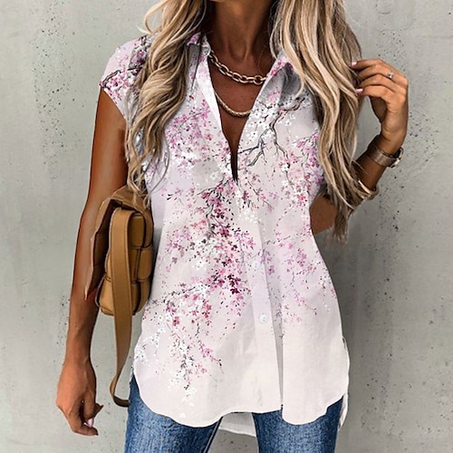 

Damen Hemd Bluse Rosa Blau Grün Blumen Taste Bedruckt Kurzarm Casual Festtage Basic Hemdkragen Standard Blume S