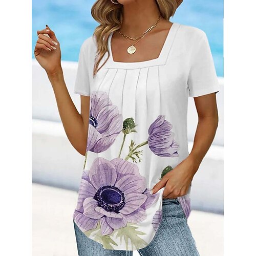 

Damen T Shirt Weiß Blau Purpur Blumen Bedruckt Kurzarm Festtage Wochenende Basic Quadratischer Ausschnitt Standard Blume Farbe S