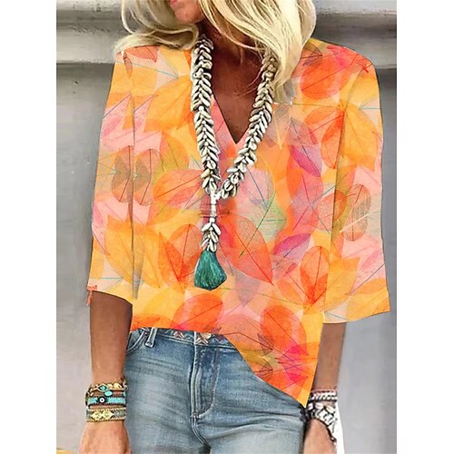 

Damen Hemd Bluse Orange Blatt Bedruckt 3/4 Ärmel Casual Festtage Basic V Ausschnitt Standard Blume S