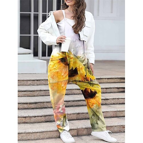 

Women's Overall Pocket Print Floral V Neck Streetwear Daily Vacation Regular Fit Sleeveless Yellow Blue Purple S M L Summer