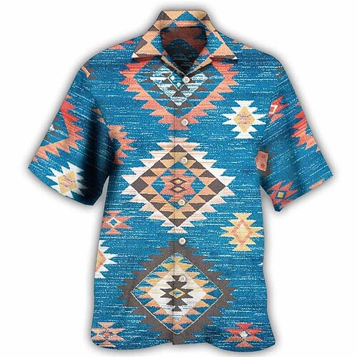 

Men's Shirt Summer Hawaiian Shirt Tribal Graphic Prints Vintage Geometry Cuban Collar Navy Blue Blue Outdoor Casual Short Sleeve Print Clothing Apparel Sports Fashion Streetwear Designer