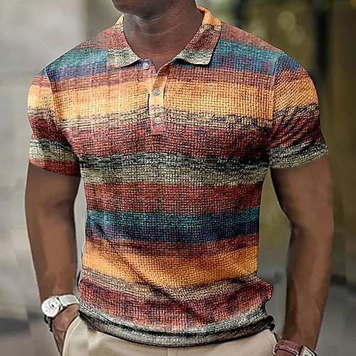 

Men's Polo Shirt Waffle Polo Shirt Golf Shirt Striped Graphic Prints Geometry Turndown Yellow Blue Purple Orange Green Outdoor Street Short Sleeve Print Clothing Apparel Fashion Designer Casual