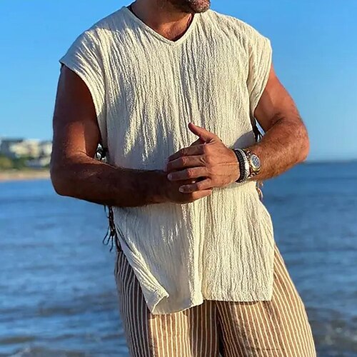 

Men's Shirt Linen Shirt Summer Shirt Beach Shirt Black Khaki Short Sleeve Plain V Neck Summer Casual Daily Clothing Apparel