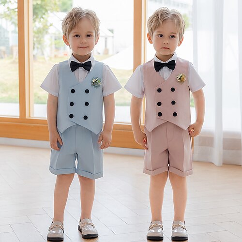 

4 deler Baby Gutt Tanktopp og shorts Antrekk Helfarge Kortermet Sett utendørs Mote Daglig Sommer Vår 3-7 år Rosa Lyseblå