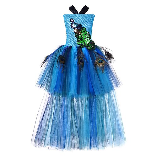 

Animaux Paon Robe Robe de demoiselle d'honneur Robes en tulle Fille Cosplay de Film Cosplay Bleu 1 Bleu Robe Le Jour des enfants Mascarade Organza