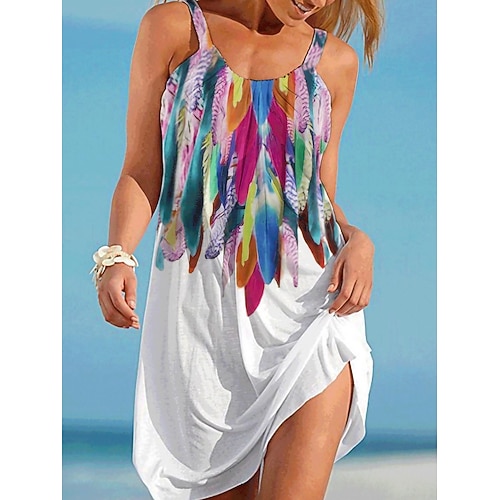 

Women's Shirt Dress Beach Dress Beach Wear Mini Dress Print Fashion Casual Feather Crewneck Sleeveless Loose Fit Outdoor Daily White Yellow 2023 Summer Spring S M L XL