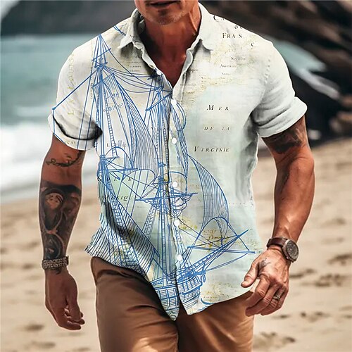 

Homme Chemise Chemise Lin Carte Imprimés Photos Rétro Vintage Voilier Col rabattu Jaune Bleu Extérieur Plein Air Manches courtes Imprimer Vêtement Tenue Lin Mode Design Décontractées Flexible