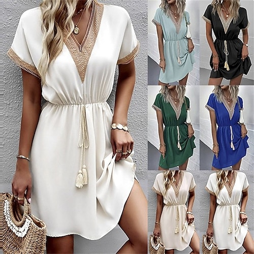 

Dame Afslappet påklædning Sommerkjole Ensfarvet kjole Vanlig Snørelukning Blonde Trim V-hals Mini kjole Mode Moderne Daglig Ferie Kortærmet Løstsiddende Sort Hvid Blå Sommer Forår S M L XL XXL