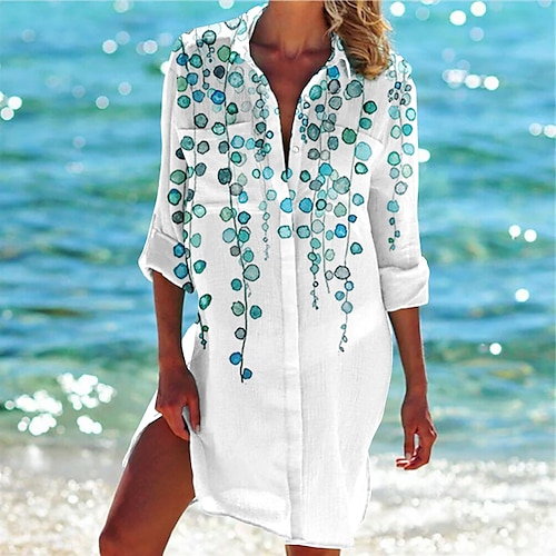 

Chemise Chemisier Femme Blanche Feuille Bouton Imprimer manche longue Casual Vacances Hawaïen basique Plage Col de Chemise Longue Standard Fleur S