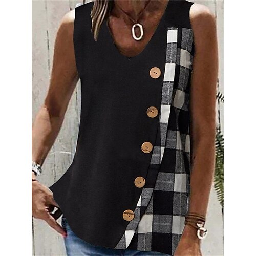 

Women's Tank Top Black Plaid Button Print Sleeveless Casual Basic V Neck Regular S