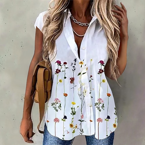 

Mujer Camisa Blusa Blanco Floral Botón Estampado Manga Corta Casual Festivos Básico Cuello Camisero Regular Flor S