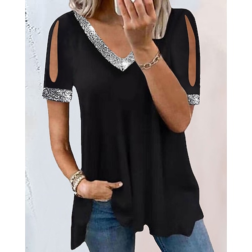 

Mujer Camiseta Negro Rosa Vino Plano Cortado Manga Corta Casual Básico Escote en Pico Regular S