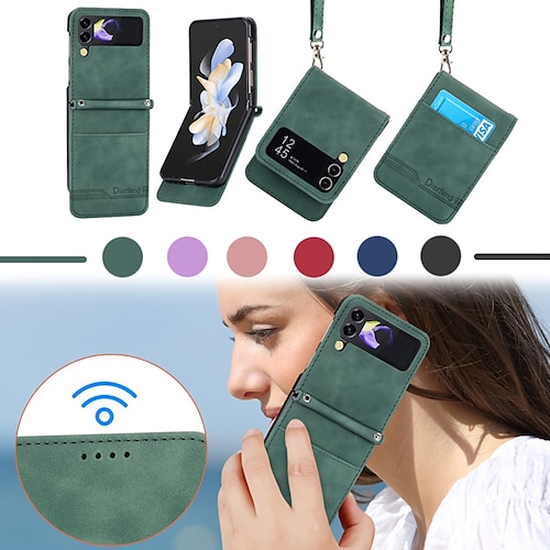 

teléfono Funda Para Samsung galaxia Funda Trasera Z Flip 4 Z Flip 3 Dar la vuelta con correa de muñeca Ranuras para tarjetas Color sólido ordenador personal Cuero de PU