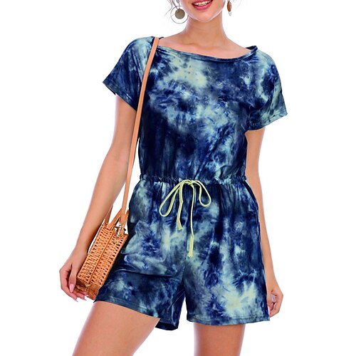 

Combishort Femme Cordon Tie Dye Col Ras du Cou Vêtement de rue Plein Air Vacances Standard Manche Courte bleu marine S Eté