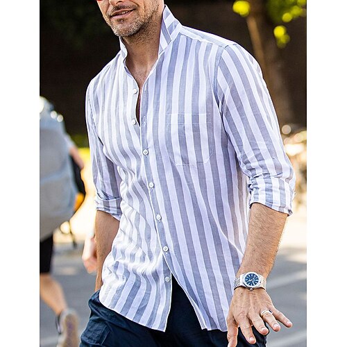 

Per uomo Camicia Camicia con bottoni Maglietta informale Blu Grigio Manica lunga A strisce Collo ripiegabile Giornaliero Da mare Tasca frontale Abbigliamento Di tendenza Informale Comodo